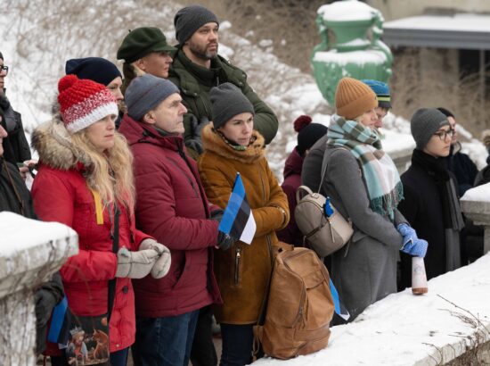 Pärgade asetamisel Vabadussõja võidusamba jalamile Vabaduse väljakul