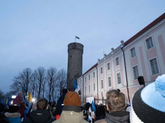 Pidulik riigilipu heiskamise tseremoonia Toompeal Kuberneri aias.